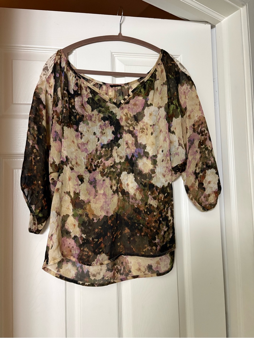 Buckle Floral Sheer Blouse in Cream, Pink and Olive